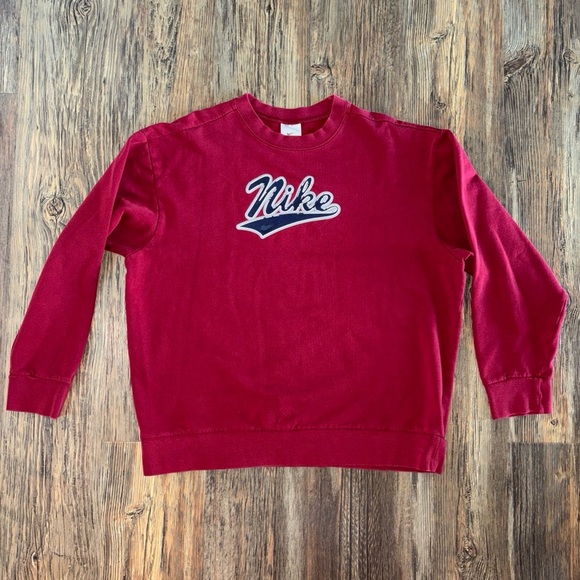 Vtg 90s Y2K Nike Flocked Spell Out Logo Fleece Crewneck Sweatshirt Mens XL Red - Picture 1 of 10
